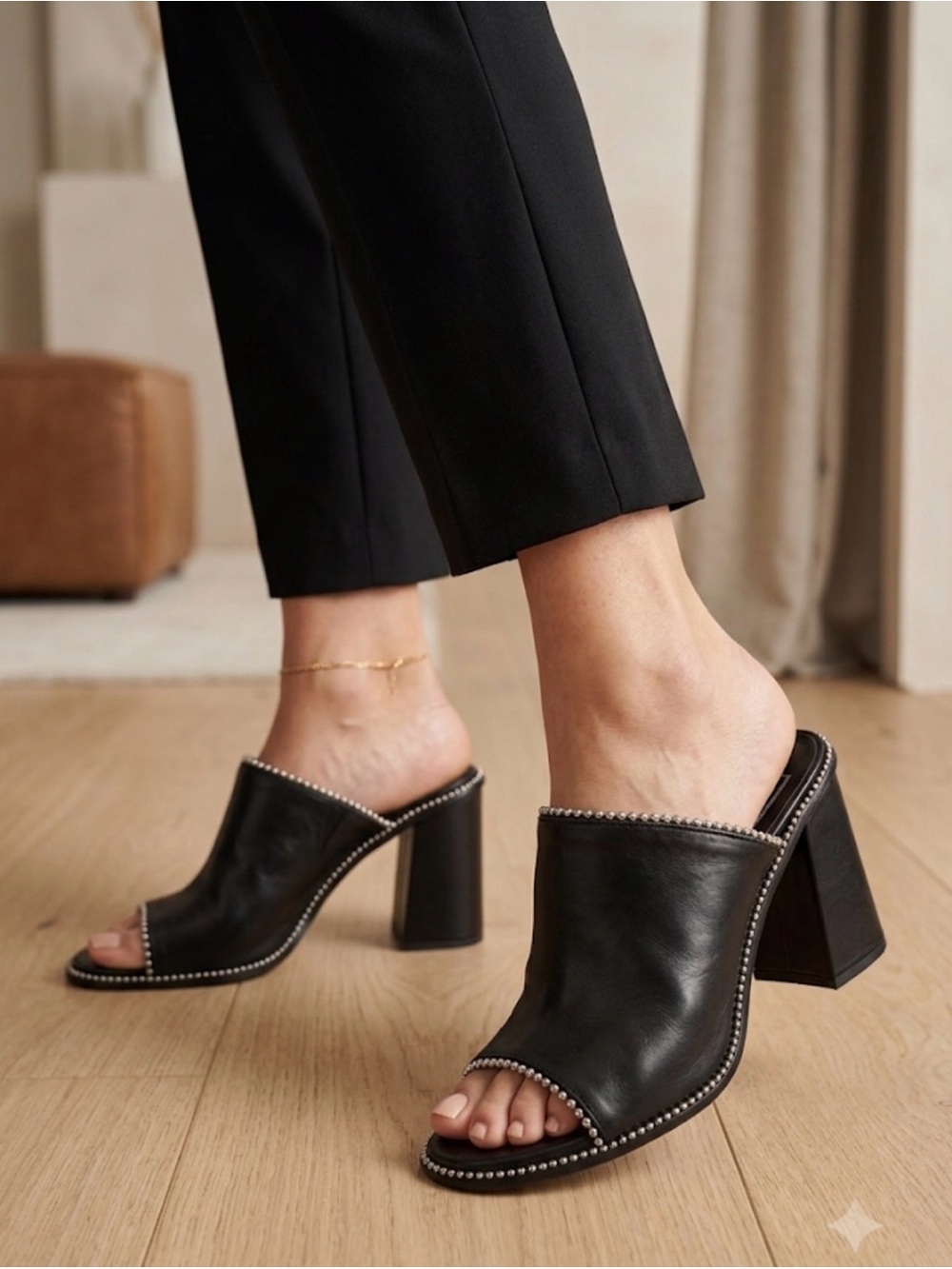 Ma&Lo Black Leather Open-Toe Mule with Stud Trim